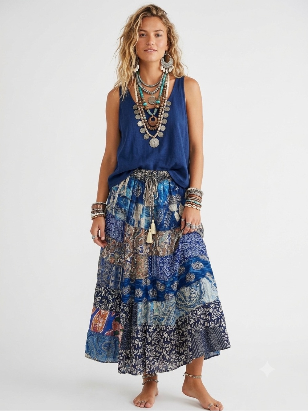 48. Boho Patchwork Sari Silk Maxi Skirt Festival Hippie Gypsy One Size India